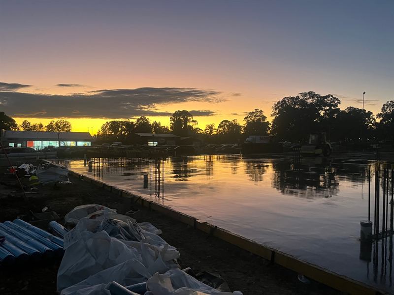 New slab pour reflecting the sunrise
