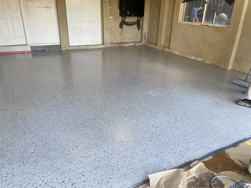 Residential garage with epoxy flake finish