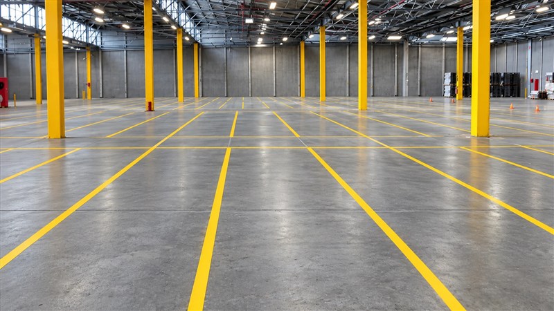 Yellow forklift aisle and walkway lines across a large warehouse floor